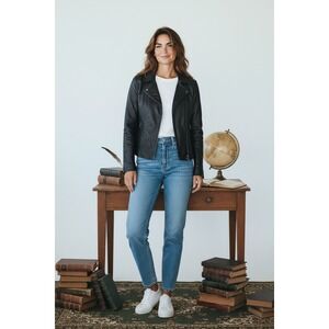 Guess Womens Black Y2K Genuine Leather Zip Up Moto Jacket Size Medium Minimalist